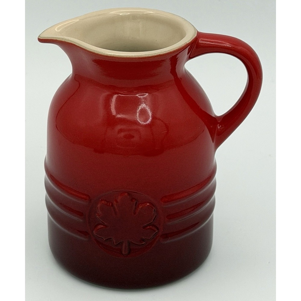 Le Creuset Syrup Pitcher Cherry Red Cerise 6 oz Stoneware Maple Leaf 15-13